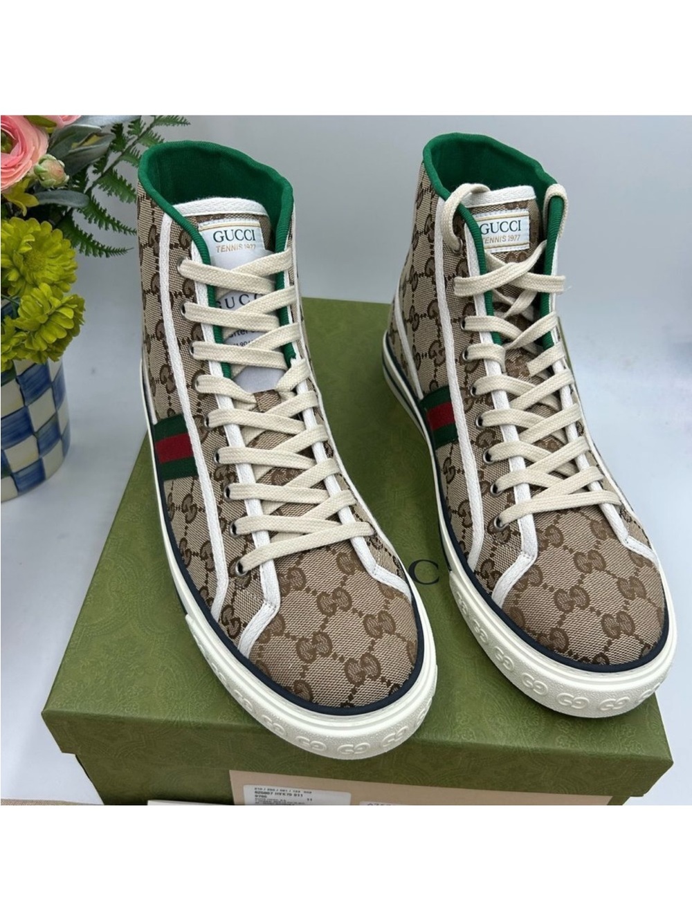 Men's Gucci Beige GG Canvas 1977  High-Top Sneakers. Size 11